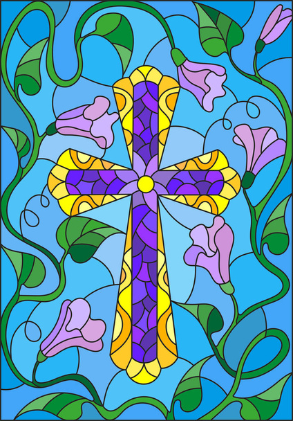 Stained glass illustration with a cross in the sky and flowers - Vector, Image