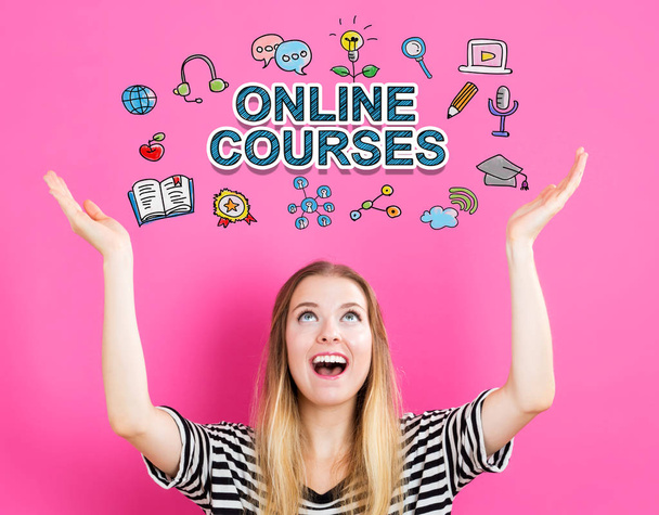 Online Courses concept with young woman  - Foto, Imagen