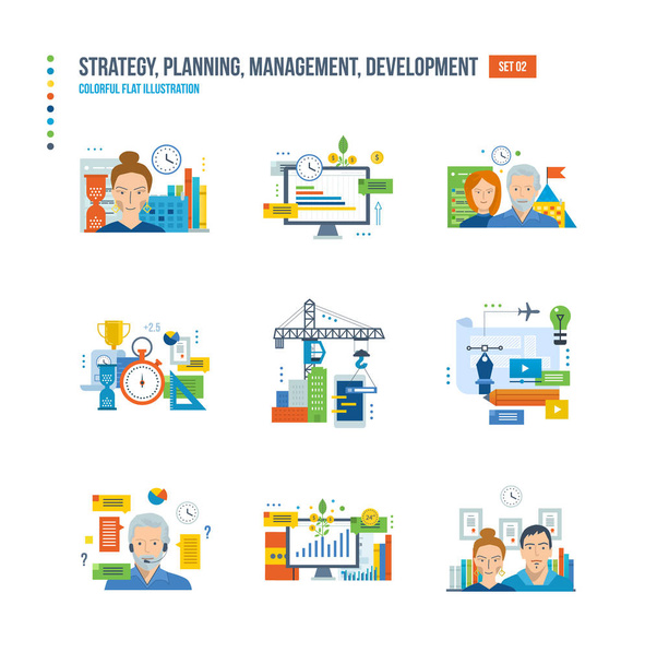 Planning en strategie, financiën, investeringen, teamwerk, timemanagement, ontwikkeling, technologie. - Vector, afbeelding
