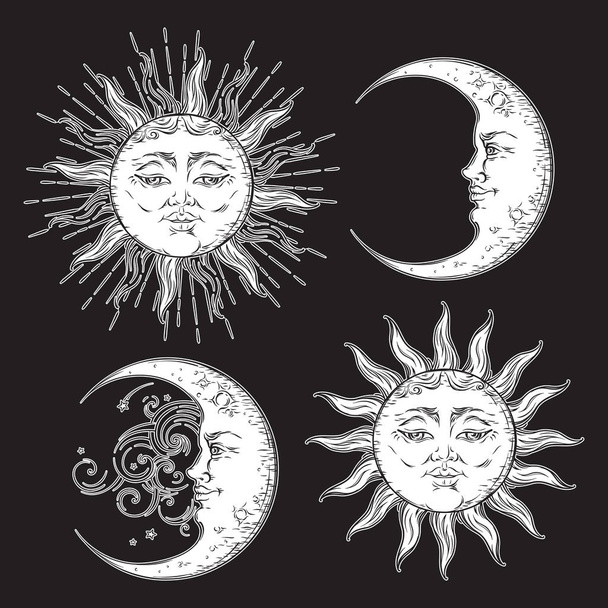 アンティーク スタイルの手描きアート太陽と三日月のセット。自由奔放に生きるシックなデザイン ベクトル白黒い背景に分離 - ベクター画像