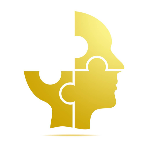 A cabeça humana amarela da cor composta das peças amarelas do enigma com sombra cinzenta abaixo da cabeça em um fundo branco.Cabeça humana incompleta composta dos elementos geométricos
  - Vetor, Imagem
