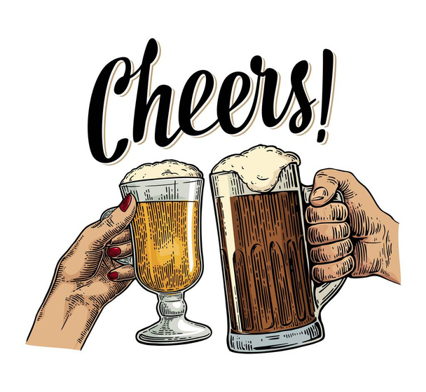 Mãos femininas e masculinas segurando e clinking com dois copos de cerveja
 - Vetor, Imagem