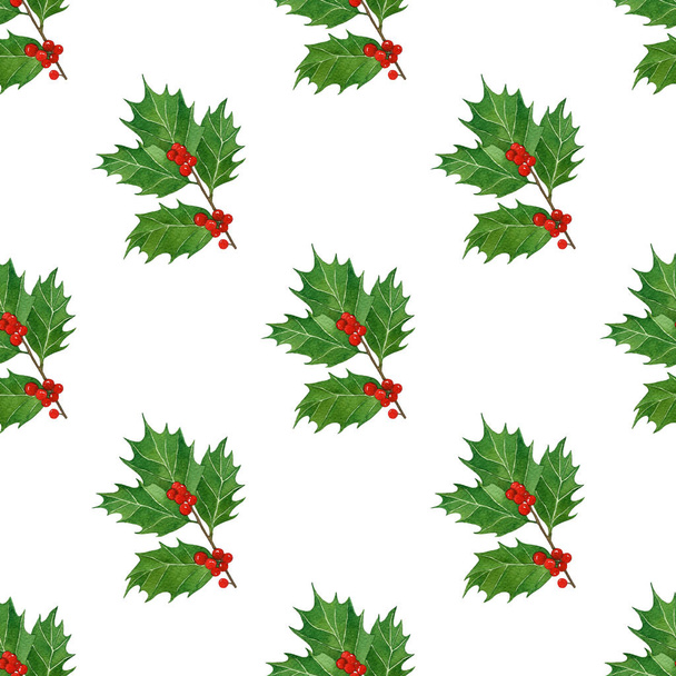 christmas seamless pattern with holly berries and leaves in watercolor. - Photo, Image