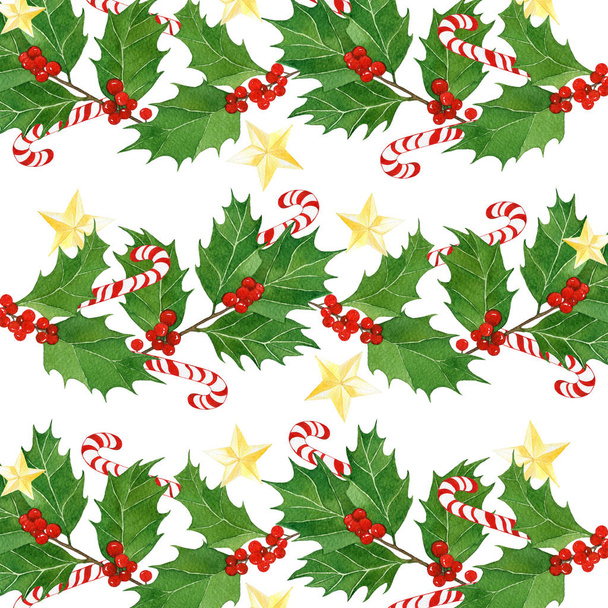 акварельный рождественский рисунок. Холли ягоды и листья, конфеты трости, золотые звезды
. - Фото, изображение