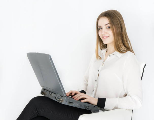 business woman laptop on white background - Fotó, kép