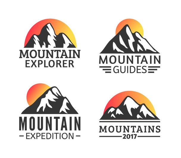 手描きの山のロゴを設定します。スキー リゾートのベクトルのアイコン、山のシルエットの要素。乗ると分離、スノーボード シンボル旅行ラベル - ベクター画像