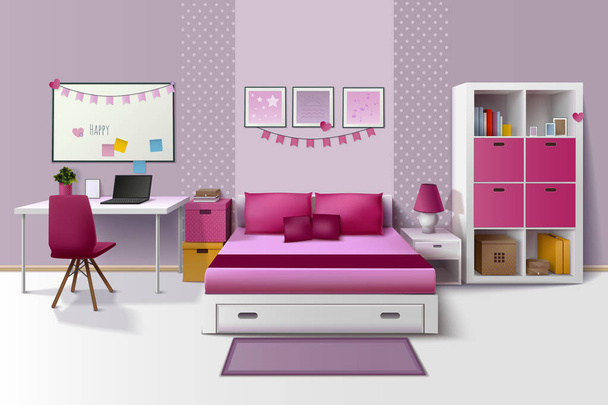 Teen Girl Room Interior Realistic Image  - Vector, Image