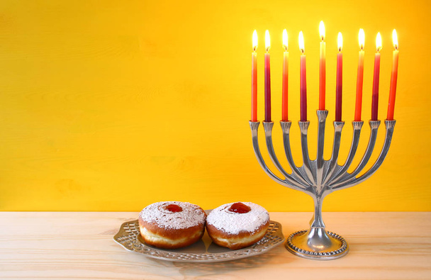 jewish holiday Hanukkah with menorah (traditional Candelabra) - Foto, afbeelding