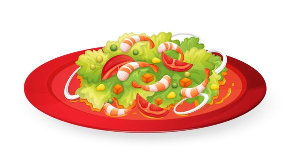 赤い皿の海老のサラダ - ベクター画像