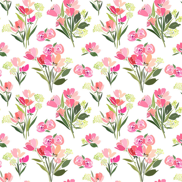 Seamless pattern with bouquets of tulips and roses. - Vetor, Imagem