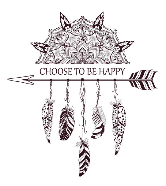 Hand drawn boho style design with mandala, arrow and feathers. - Vetor, Imagem