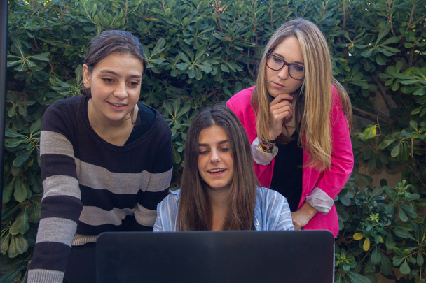 Young entrepreneurs working with a laptop. They are three beautiful Caucasian girls who are creating their company. They work on the terrace of their house. - Photo, Image