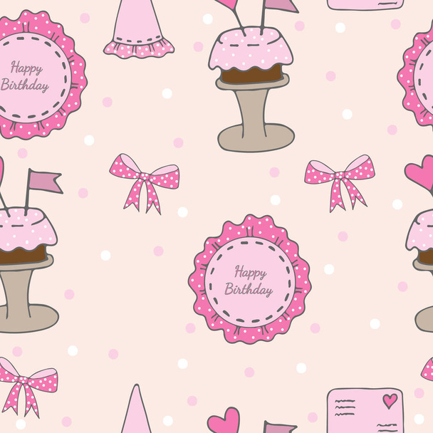 Feliz cumpleaños sin costuras con pegatina rosa con texto, pastel y gi
 - Vector, Imagen