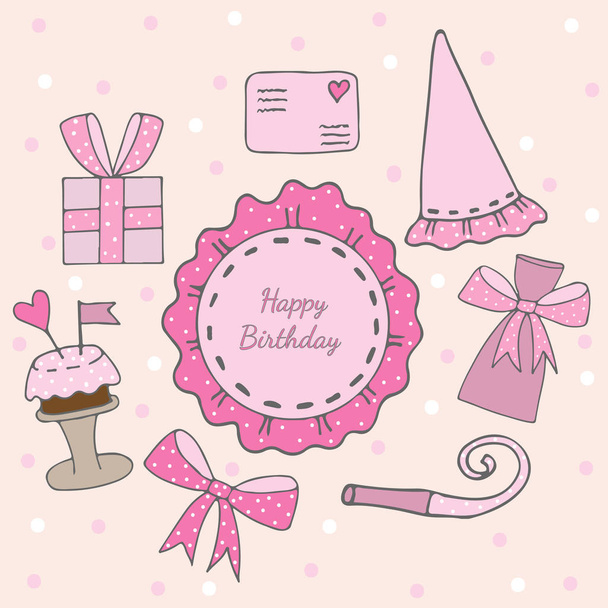 Happy Birthday card with pink sticker with text, cake and gift - Vector, Image
