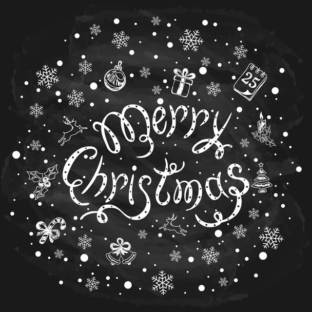 Letras Feliz Navidad con decoraciones en pizarra negra
 - Vector, Imagen