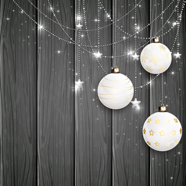 Witte kerstballen op zwarte houten achtergrond - Vector, afbeelding