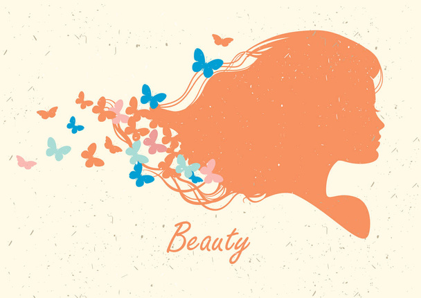 Silhouet hoofd met haar en vlinder. Vectorillustratie van vrouw beauty salon - Vector, afbeelding