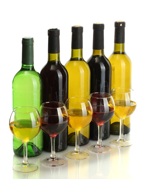 bottles and glasses of wine isolated on white - Photo, Image