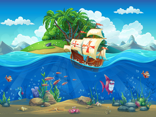 Undersea world with island and sailing ship - Vector, Image