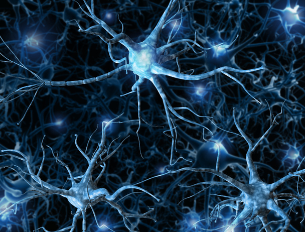 Neuronová síť na tmavě modrém pozadí se světelnými efekty. 3D  - Fotografie, Obrázek