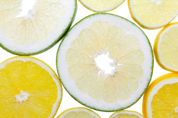 Slices citrus fruits on white background - Photo, image