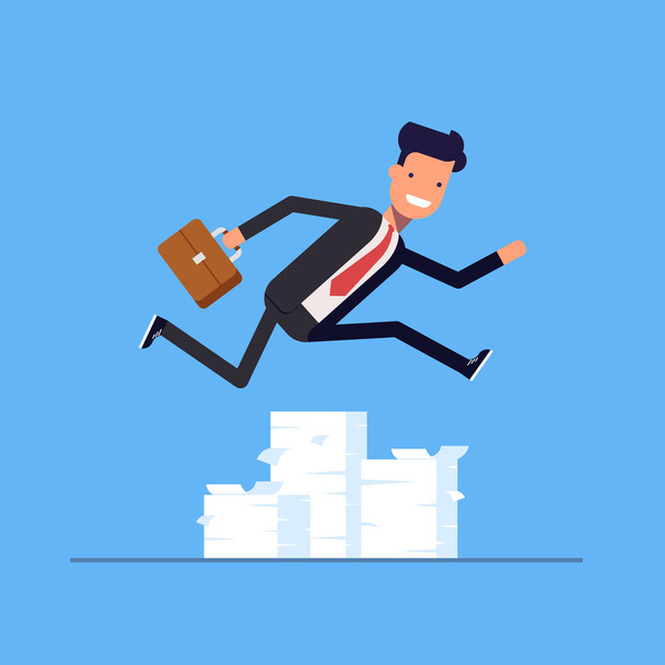 Businessman or manager jumping over obstacles. Large stack of documents. Man rushing to work. Vector, illustration EPS10. - Vector, Image