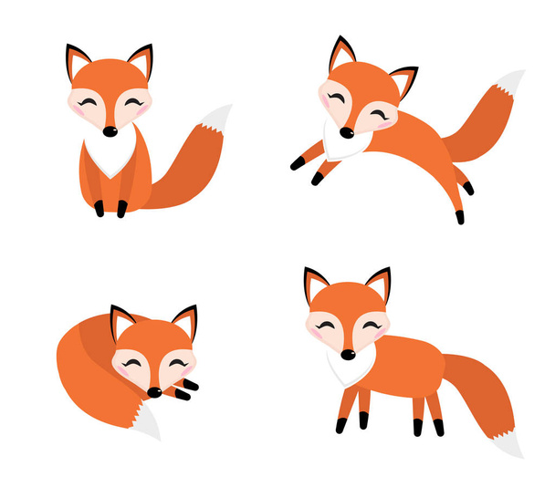 Ładny fox zestaw płaski. Foxy w różnych pozach, spanie, skoki, siedzi. Znak, maskotka. Ilustracja wektorowa. - Wektor, obraz