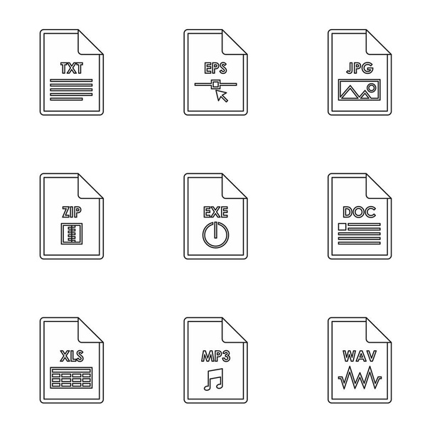Types of files icons set, outline style - Vektör, Görsel
