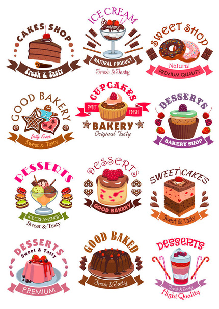 Édes desszerteket, sütemények és cupcakes vektoros ikonok - Vektor, kép