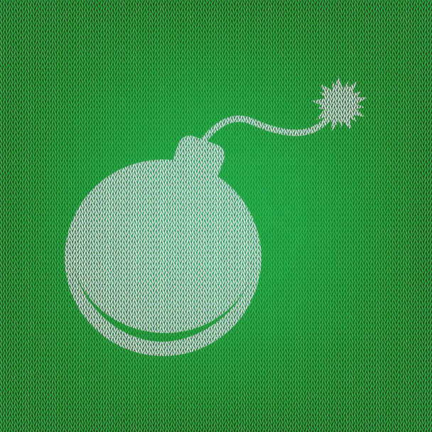 Bombenschild-Illustration. weißes Symbol auf der grünen Strickwaren oder Wolle - Vektor, Bild