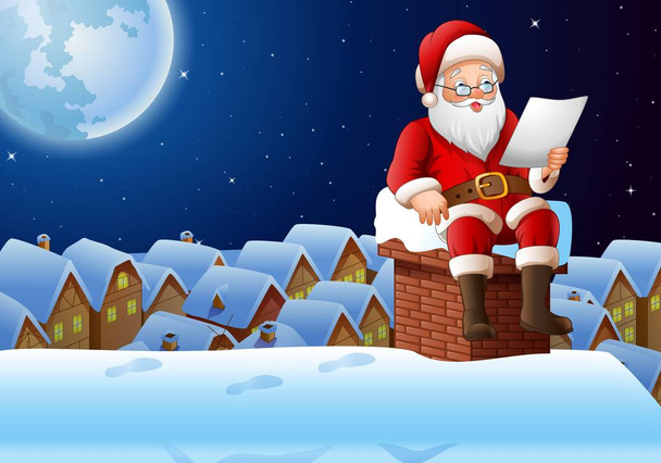 Cartoon Santa Claus zit op de schoorsteen en het lezen van een brief - Vector, afbeelding