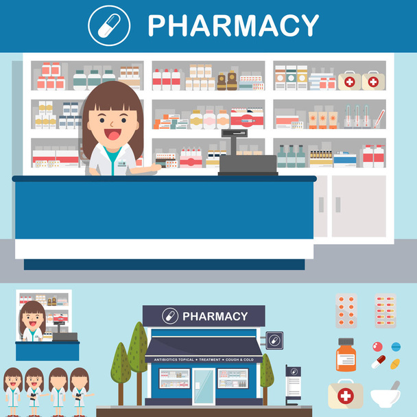 Vector pharmacy drugstore set design, shop store, package, t-shi - Vector, Image