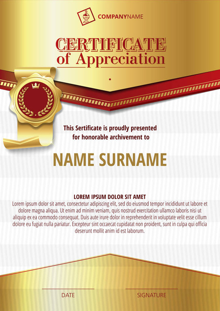 Plantilla de Certificado de Apreciación con insignia de oro y elementos de plata y oro
 - Foto, imagen