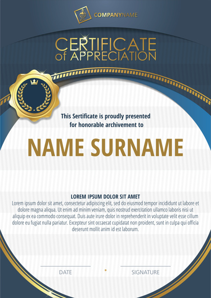 Sjabloon van het certificaat van waardering met gouden badge en blauwe ronde frame - Foto, afbeelding
