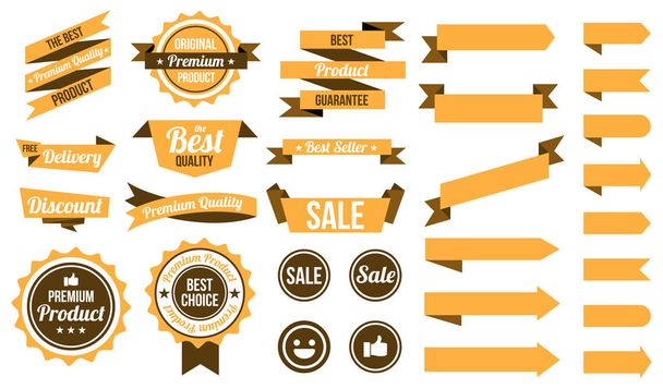 set of yellow ribbons , badges and labels. flat design concept. branding and sale decoration. vector illustration. isolated on white background. - Vector, imagen