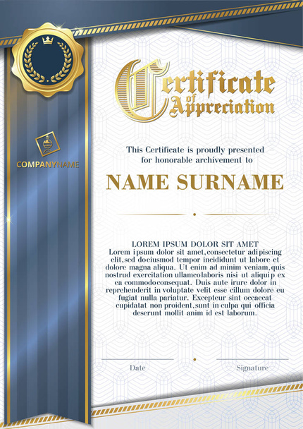 Szablon certyfikatu uznania z złota odznaka i niebieskiej wstążki - Zdjęcie, obraz