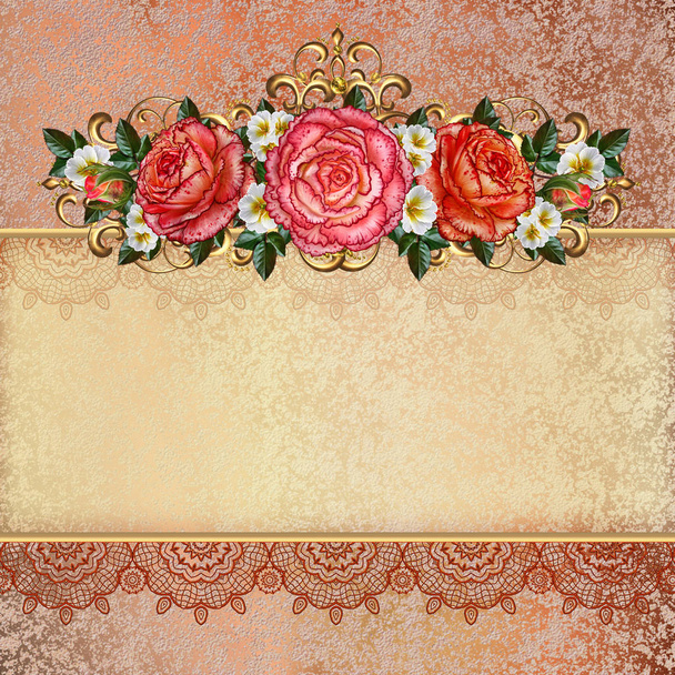 Golden vintage background. Flower garlands of pastel orange roses, shiny curls, openwork gold braiding. Old style retro. Invitation card. - Foto, Imagem