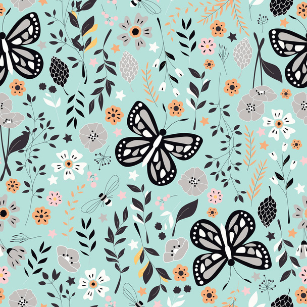 nahtloses Muster mit Blumen, floralen Elementen und Schmetterlingen, Leben in der Natur - Vektor, Bild