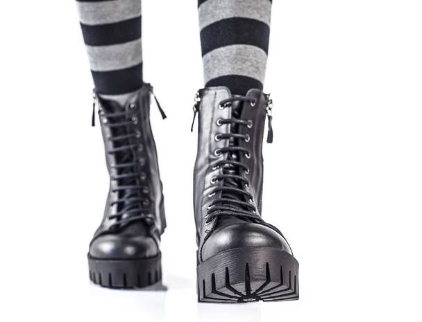 Black leather boots isolated on white background - Photo, Image