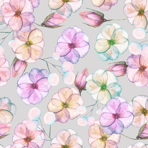 Modello senza soluzione di continuità con fiori teneri acquerello in tonalità rosa e viola pastello
 - Foto, immagini