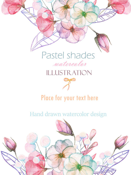 Šablona pohlednice s akvarel nabídku květin a listů v pastelových odstínech, a ručně kreslenými na bílém pozadí - Fotografie, Obrázek