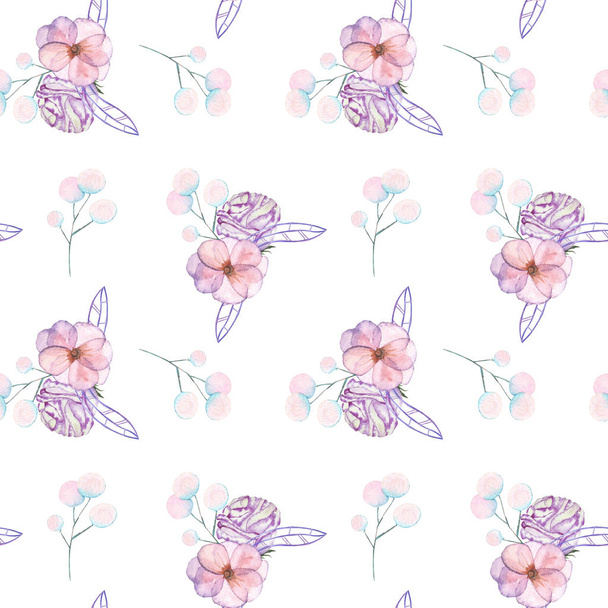 Seamless pattern with isolated watercolor floral bouquets from tender flowers and leaves in pink and purple pastel shades - Photo, Image