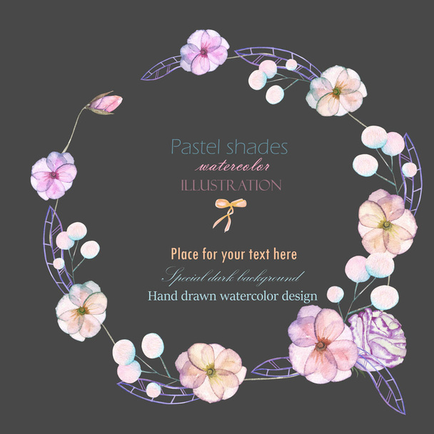 Círculo quadro, fronteira, grinalda com flores concurso aquarela e folhas em tons pastel
 - Foto, Imagem