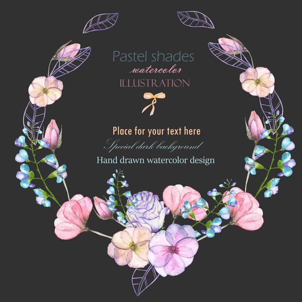Kreisrahmen, Rand, Kranz mit Aquarell zarten Blüten und Blättern in Pastelltönen - Foto, Bild