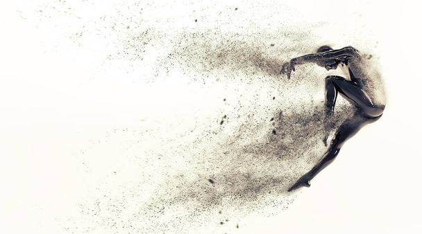 Abstract black plastic human body mannequin with scattering particles over white background. Action dance jump ballet pose - 写真・画像