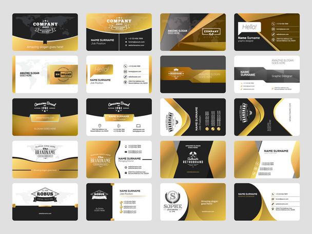 Set of elegant double-sided business card templates with logotype elements. Black and gold colors. Vector illustration. Stationery design - Vector, Image