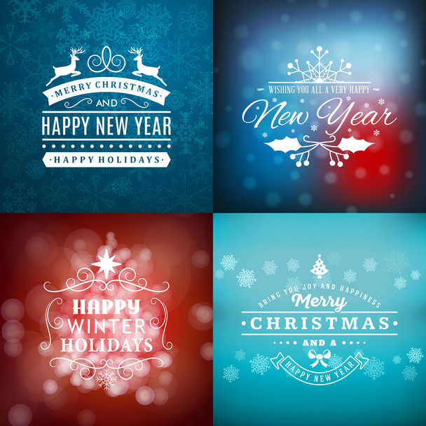 Zestaw Wesołych Świąt i szczęśliwego nowego roku ozdobny odznaki dla pozdrowienia karty lub zaproszenia. Ilustracja wektorowa. Kolorowe tło z płatki śniegu i światła - Wektor, obraz