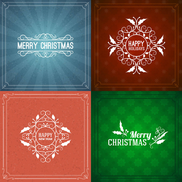 Набор праздничных рождественских и новогодних значков для поздравительных открыток или приглашений. Векторная иллюстрация. Абстрактный красочный фон со снежинками и огнями
 - Вектор,изображение