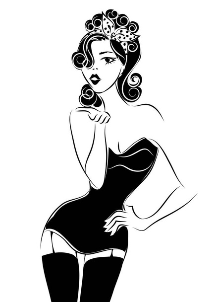 Sexy pin up woman sending an air kiss, black and white vector silhouette - Vetor, Imagem