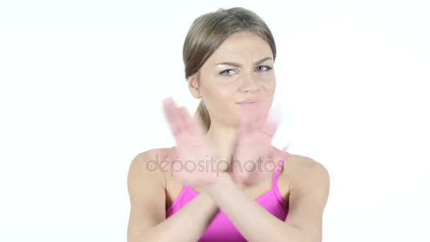 Stoppen, te verwerpen gebaar, niet door de vrouw,, witte achtergrond - Video